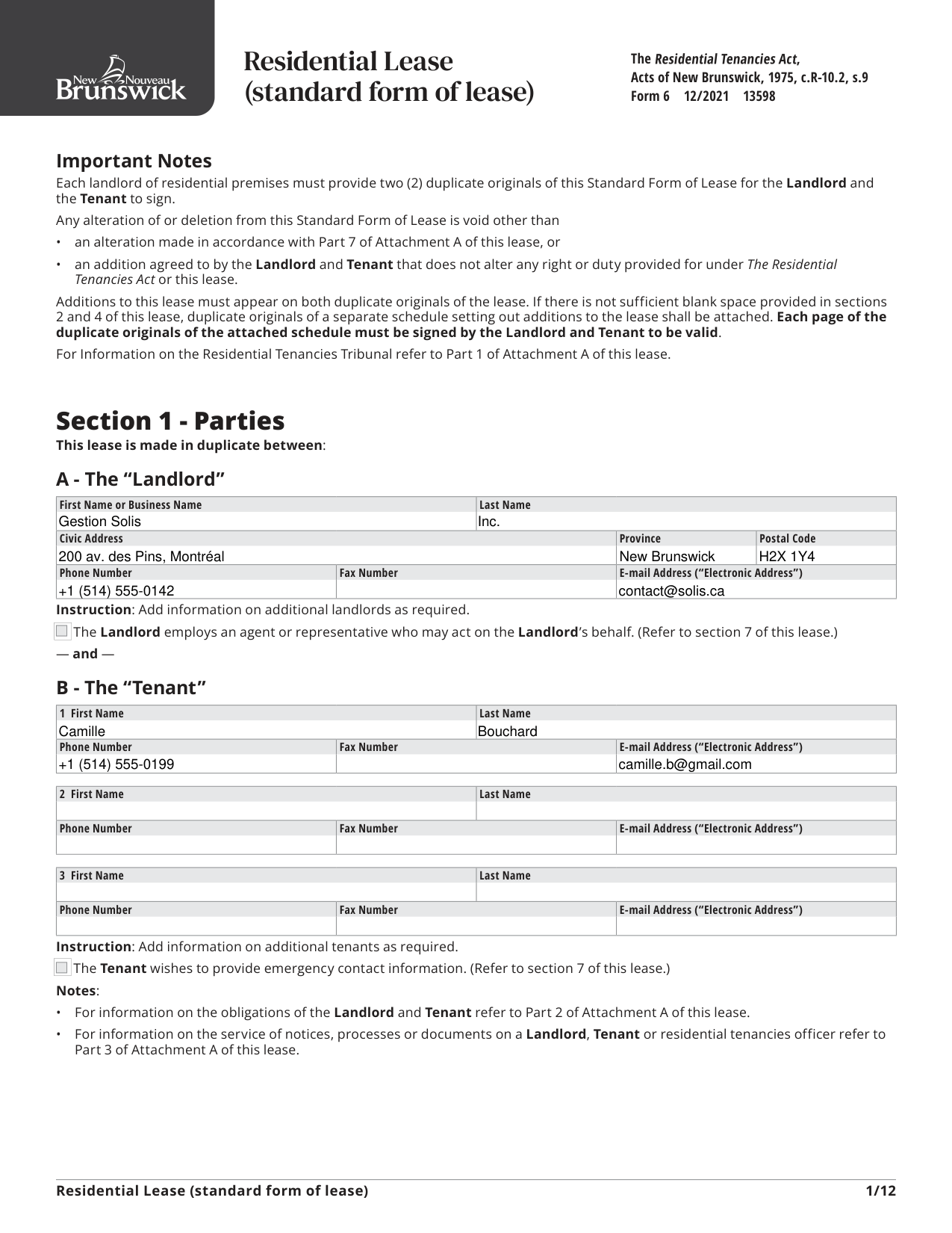 Nouveau-Brunswick — Residential Lease